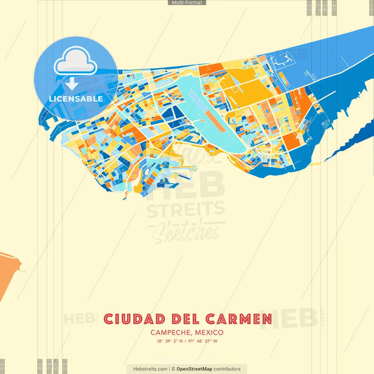 Ciudad del Carmen, Campeche, Mexico blue and orange vector art map template