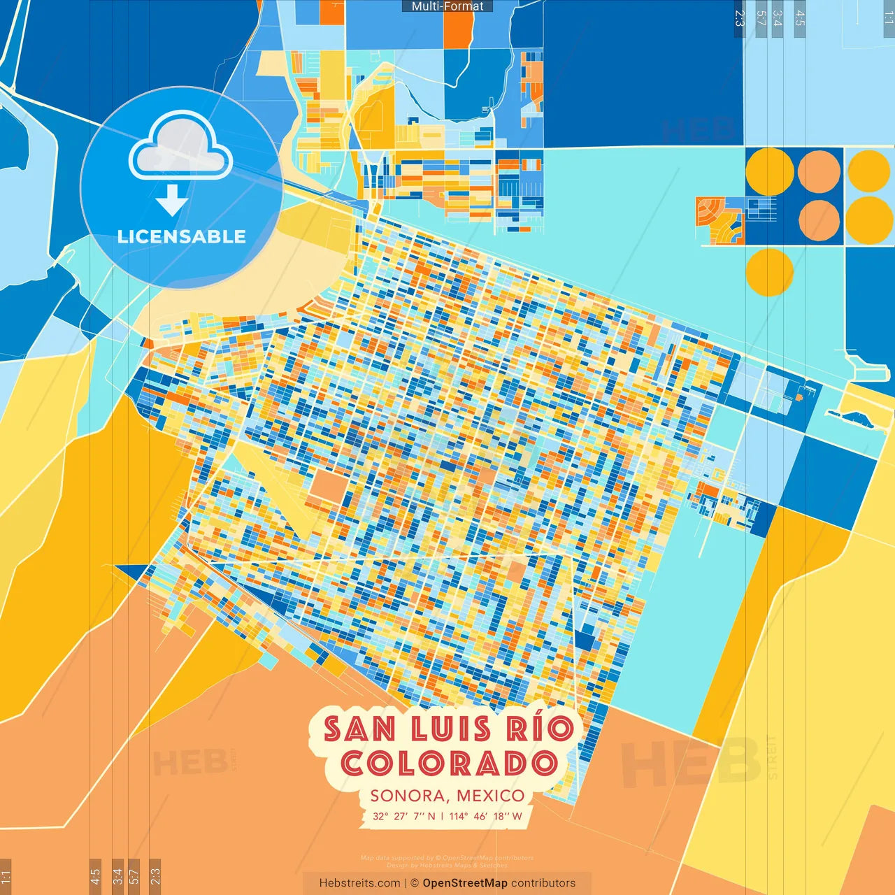San Luis Río Colorado, Sonora, Mexico blue and orange vector art map template