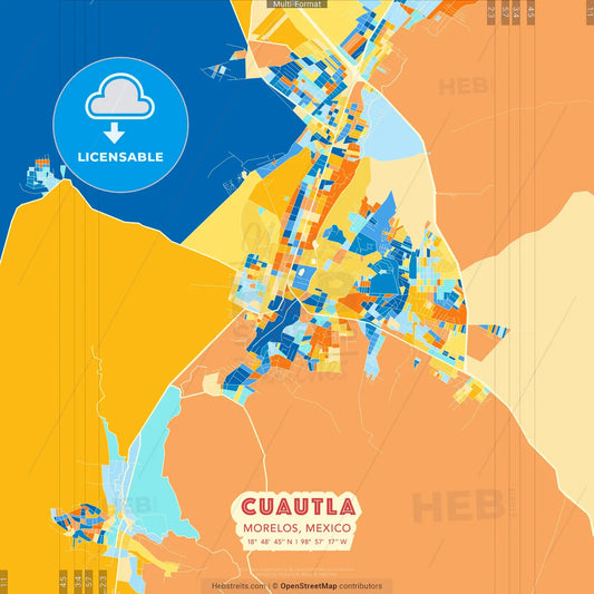 Cuautla, Morelos, Mexico blue and orange vector art map template