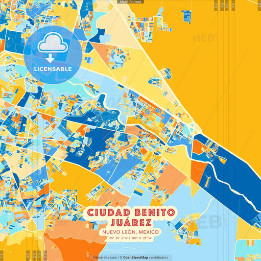 Ciudad Benito Juárez, Nuevo León, Mexico blue and orange vector art map template
