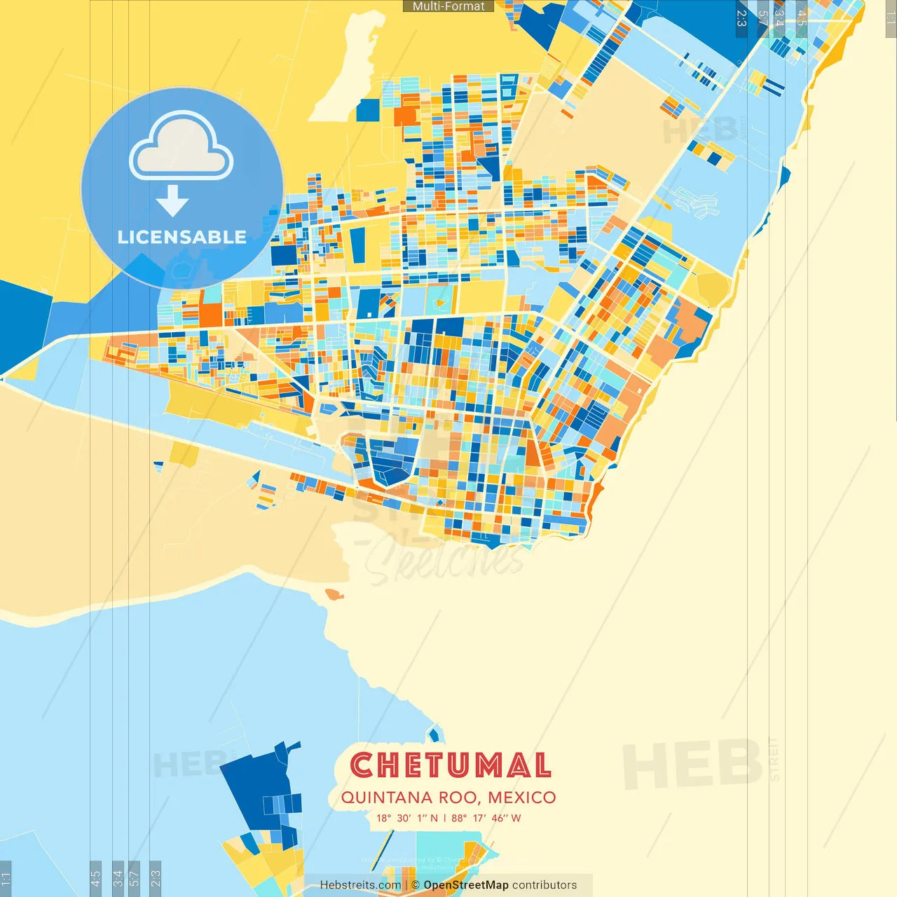 Chetumal, Quintana Roo, Mexico blue and orange vector art map template
