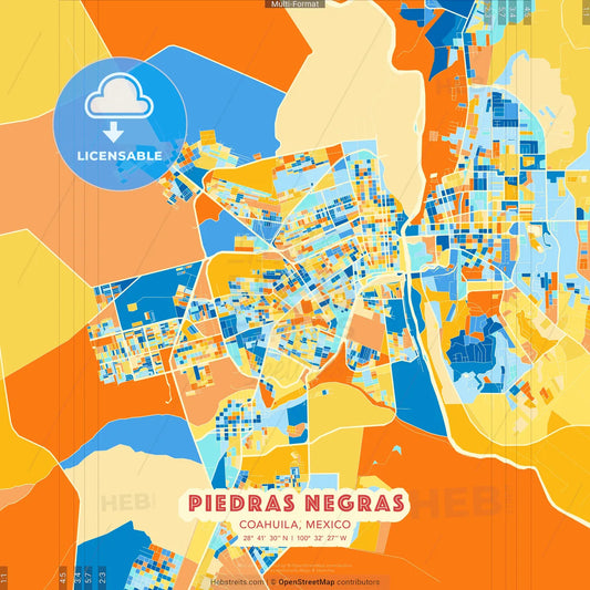 Piedras Negras, Coahuila, Mexico blue and orange vector art map template