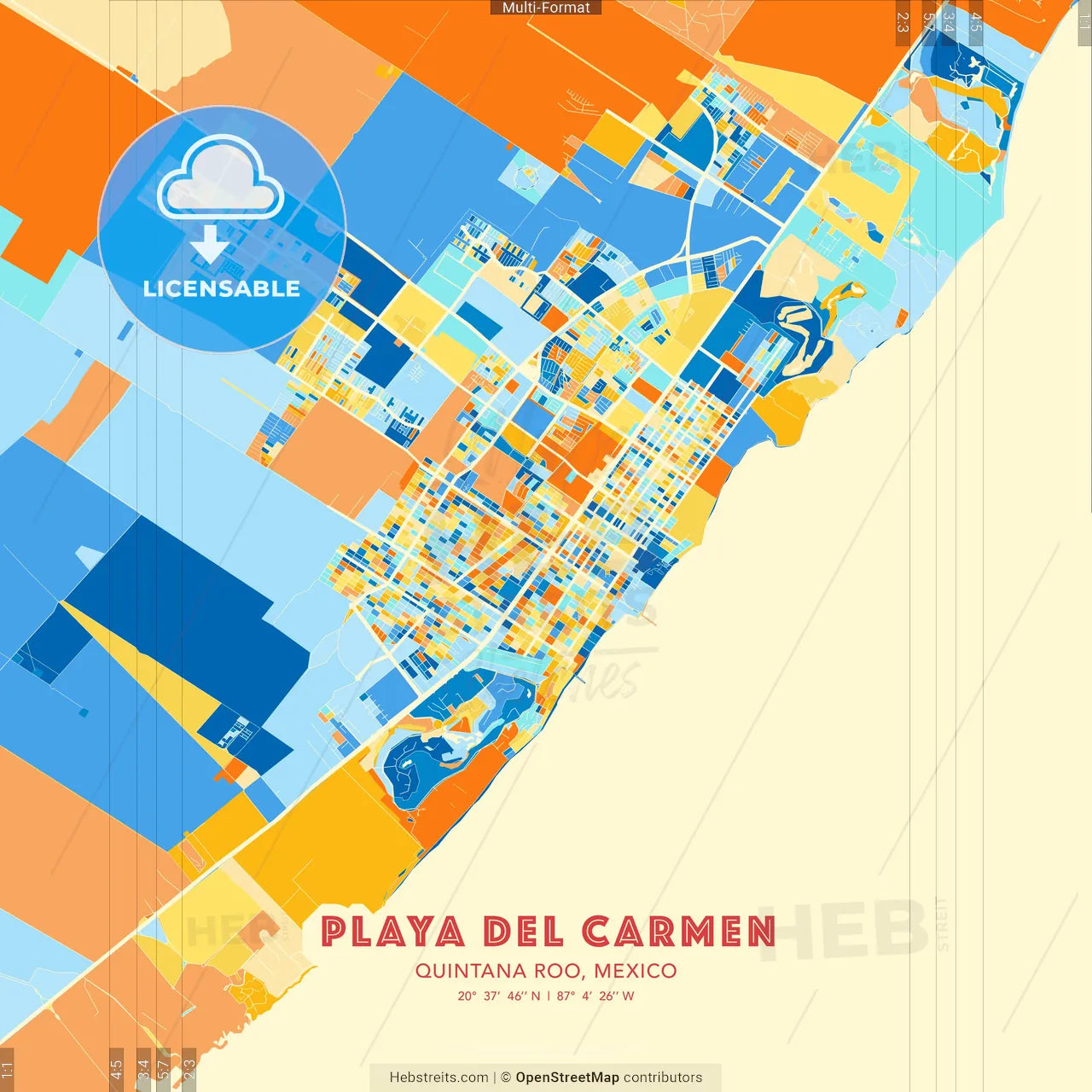 Playa del Carmen, Quintana Roo, Mexico blue and orange vector art map template