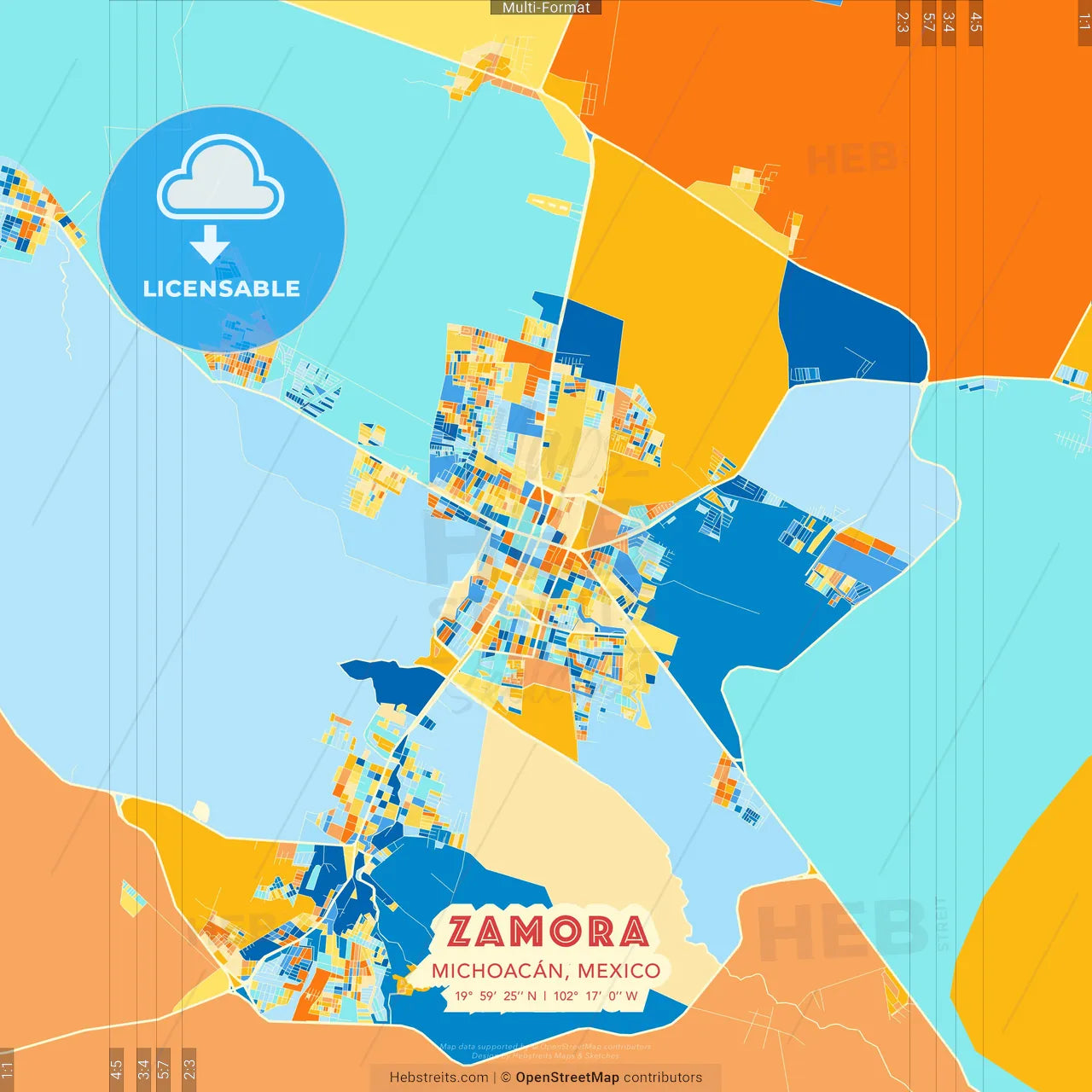 Zamora, Michoacán, Mexico blue and orange vector art map template
