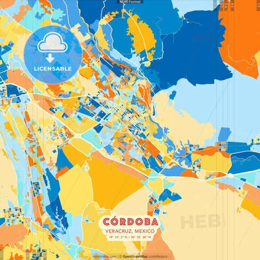Córdoba, Veracruz, Mexico blue and orange vector art map template