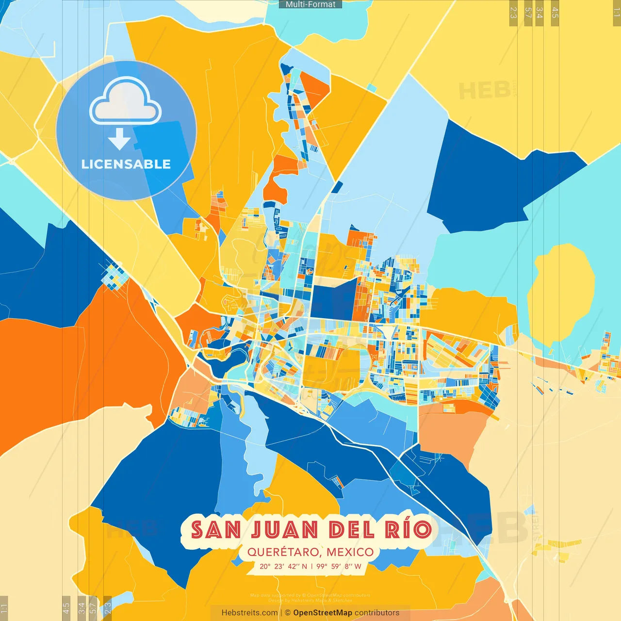 San Juan del Río, Querétaro, Mexico blue and orange vector art map template