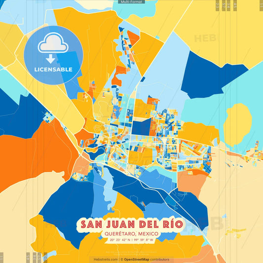 San Juan del Río, Querétaro, Mexico blue and orange vector art map template