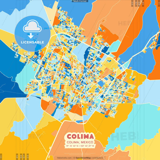 Colima, Colima, Mexico blue and orange vector art map template