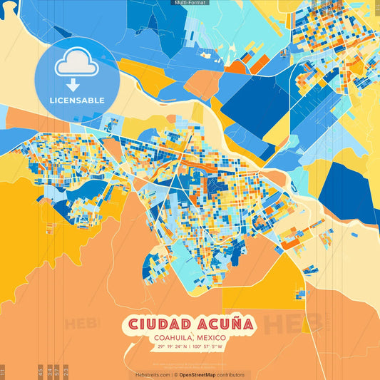 Ciudad Acuña, Coahuila, Mexico blue and orange vector art map template