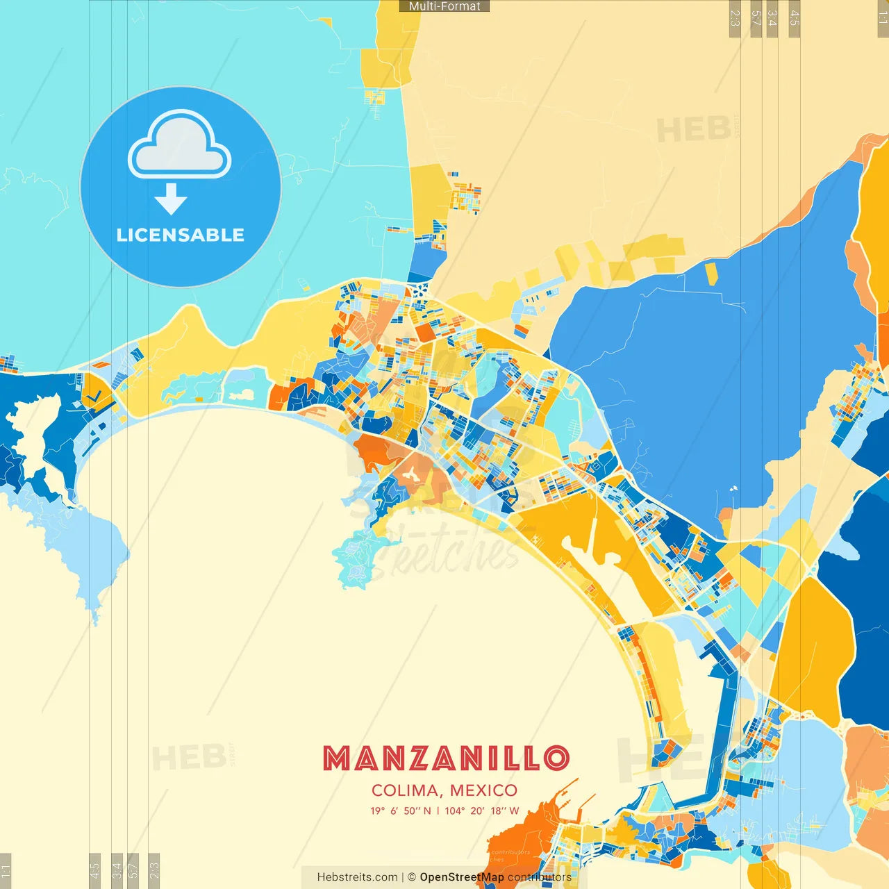 Manzanillo, Colima, Mexico blue and orange vector art map template