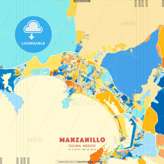 Manzanillo, Colima, Mexico blue and orange vector art map template