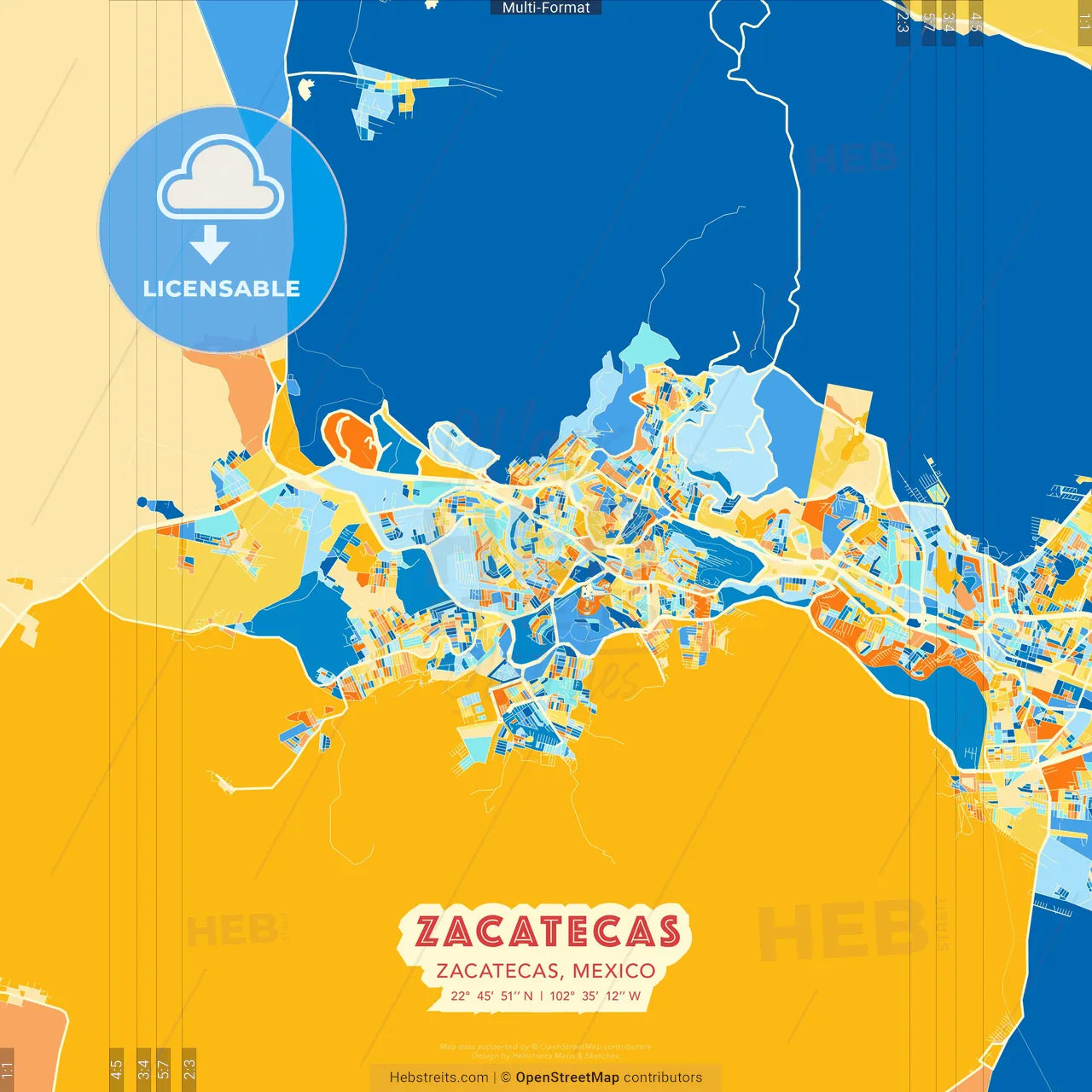 Zacatecas, Zacatecas, Mexico blue and orange vector art map template