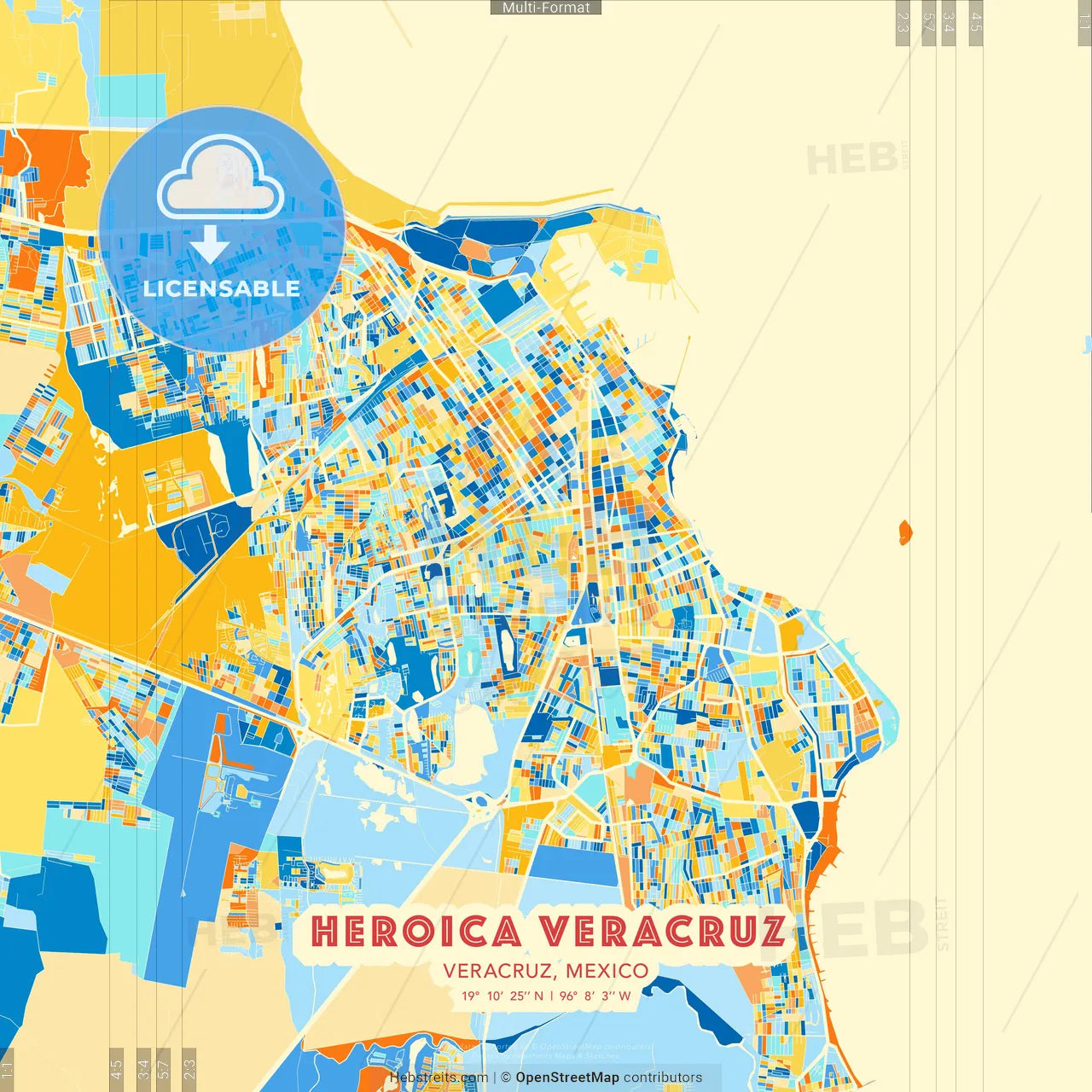 Heroica Veracruz, Veracruz, Mexico blue and orange vector art map template