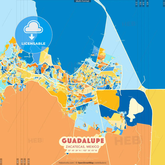 Guadalupe, Zacatecas, Mexico blue and orange vector art map template