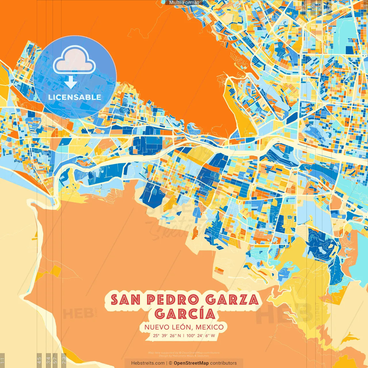 San Pedro Garza García, Nuevo León, Mexico blue and orange vector art map template