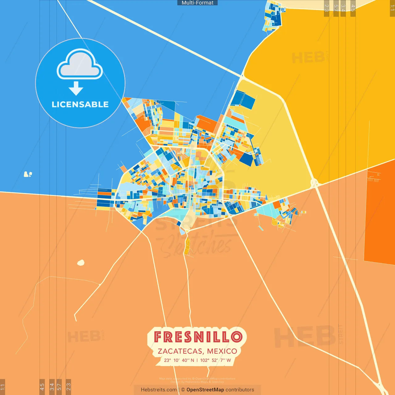 Fresnillo, Zacatecas, Mexico blue and orange vector art map template