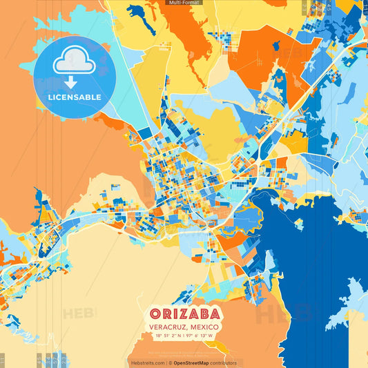 Orizaba, Veracruz, Mexico blue and orange vector art map template