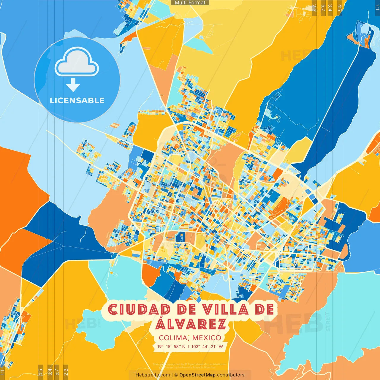 Ciudad de Villa de Álvarez, Colima, Mexico blue and orange vector art map template