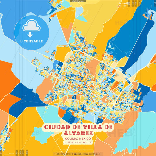 Ciudad de Villa de Álvarez, Colima, Mexico blue and orange vector art map template