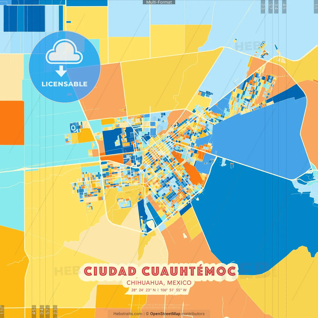 Ciudad Cuauhtémoc, Chihuahua, Mexico blue and orange vector art map template