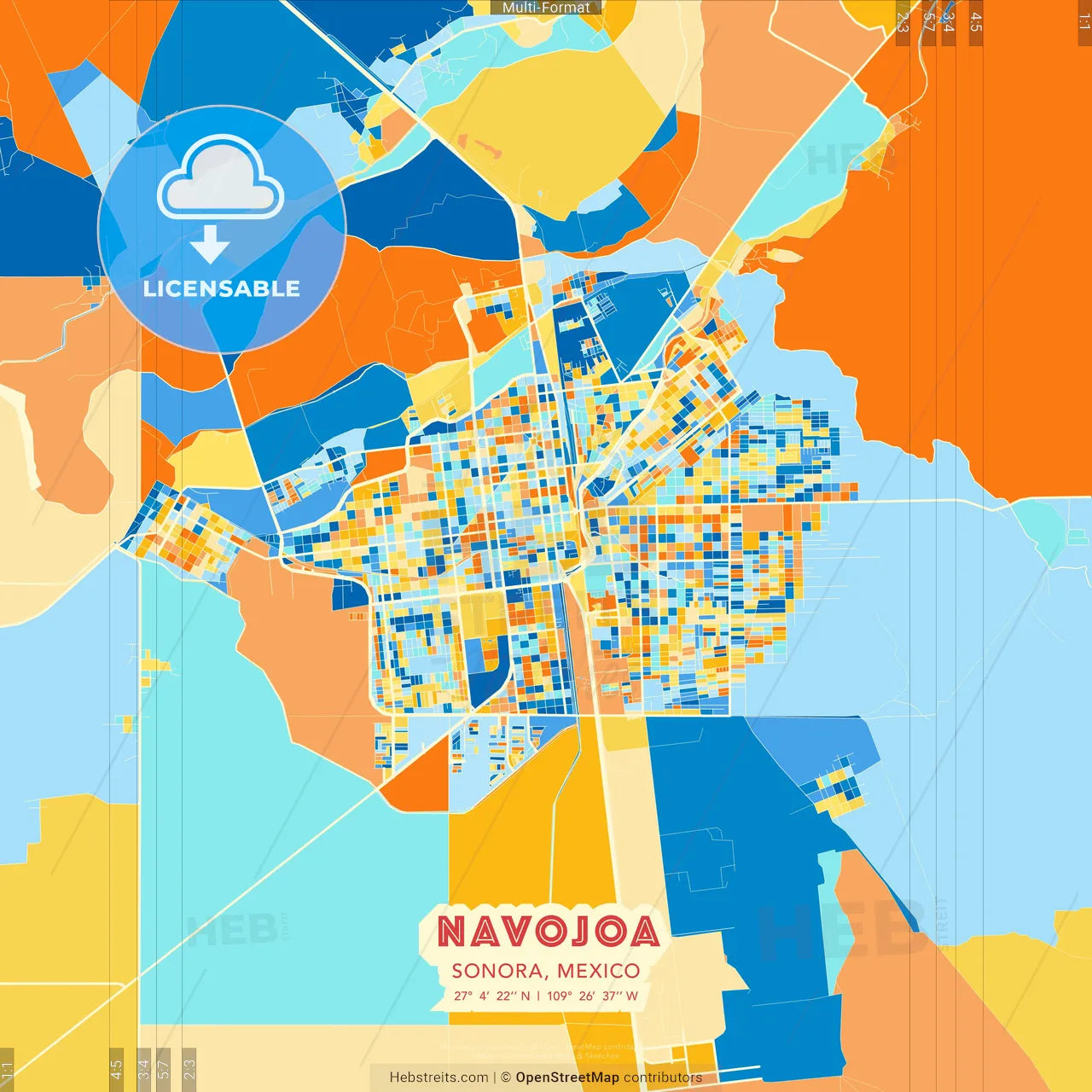 Navojoa, Sonora, Mexico blue and orange vector art map template
