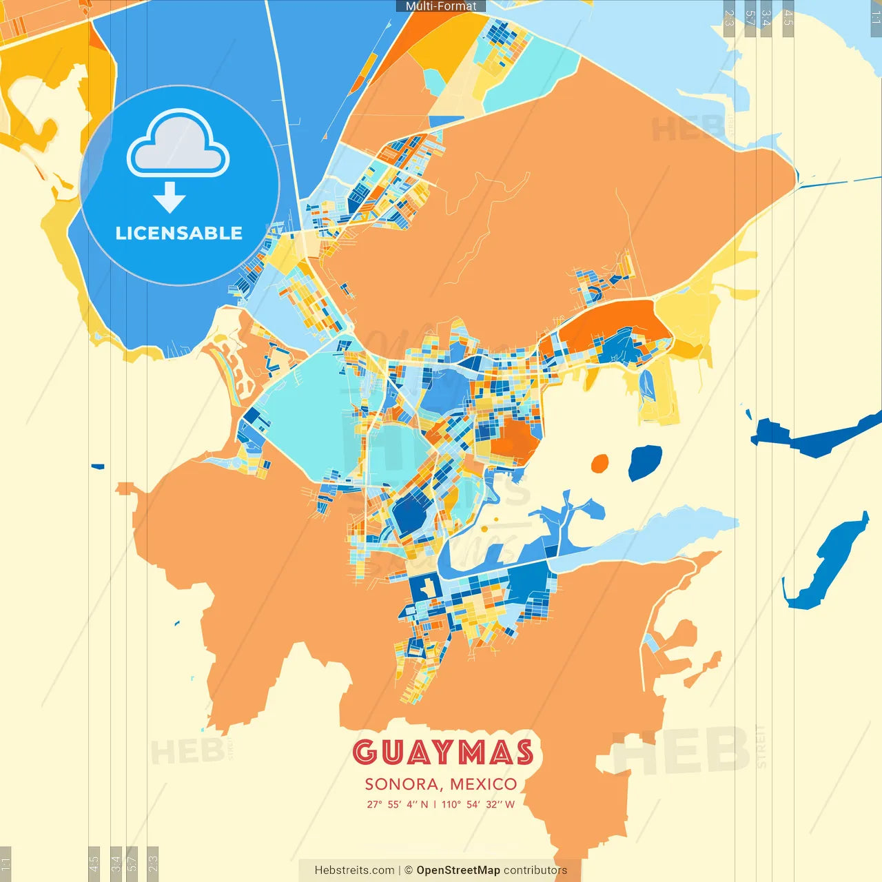 Guaymas, Sonora, Mexico blue and orange vector art map template