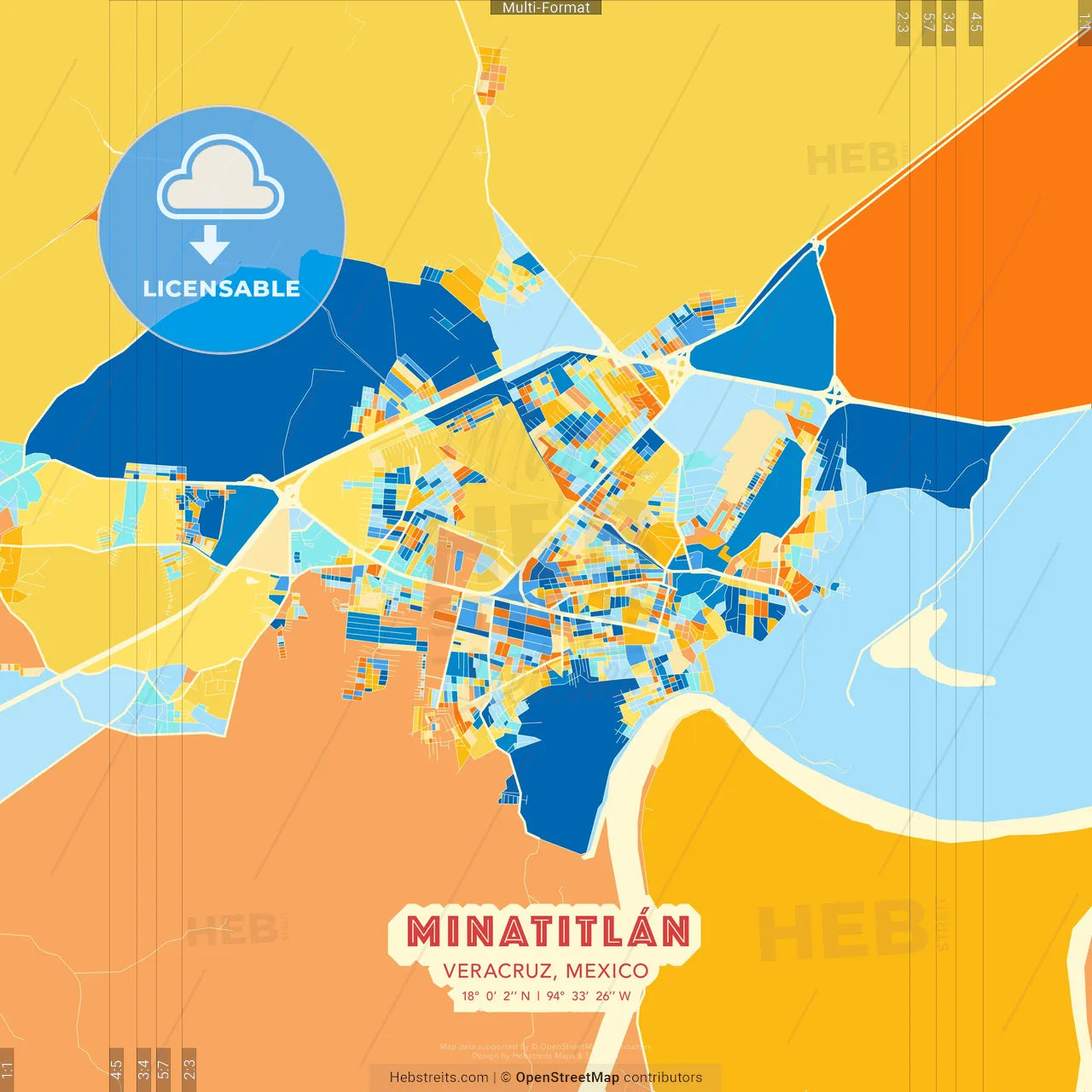 Minatitlán, Veracruz, Mexico blue and orange vector art map template