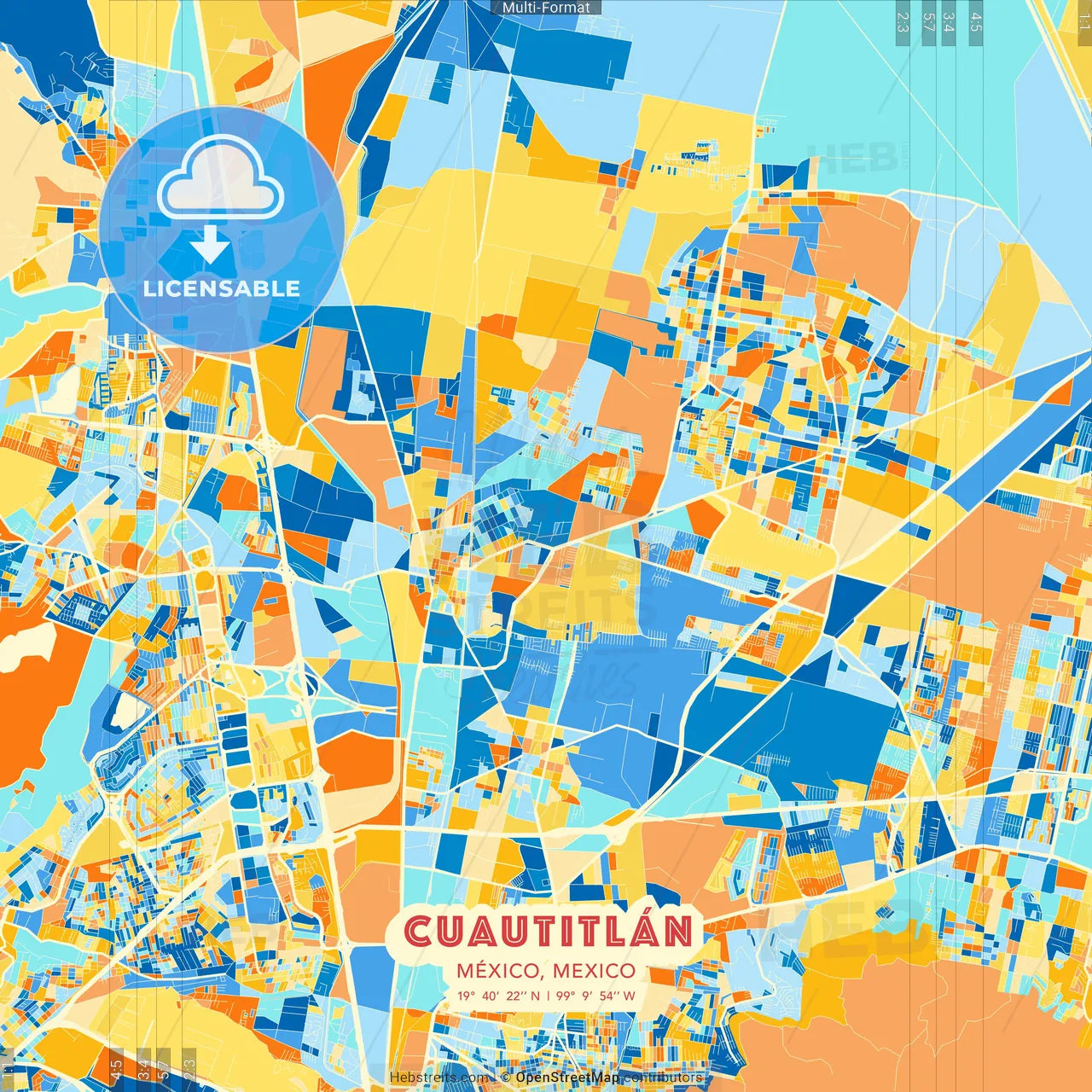 Cuautitlán, México, Mexico blue and orange vector art map template
