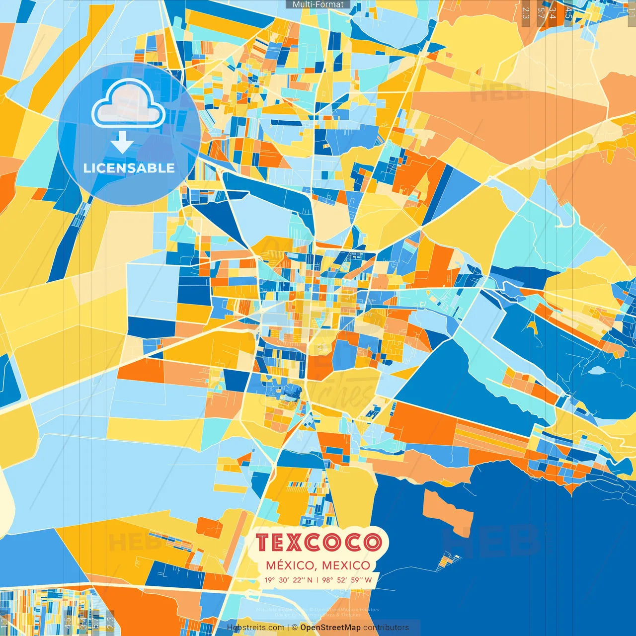Texcoco, México, Mexico blue and orange vector art map template