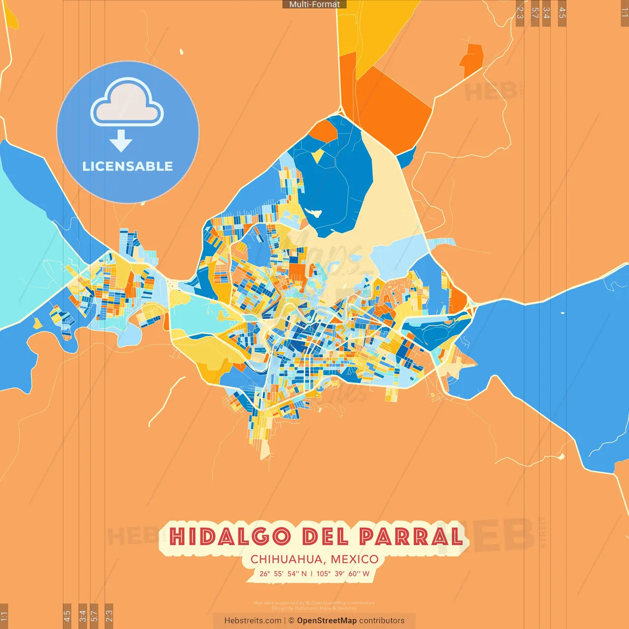 Hidalgo del Parral, Chihuahua, Mexico blue and orange vector art map template