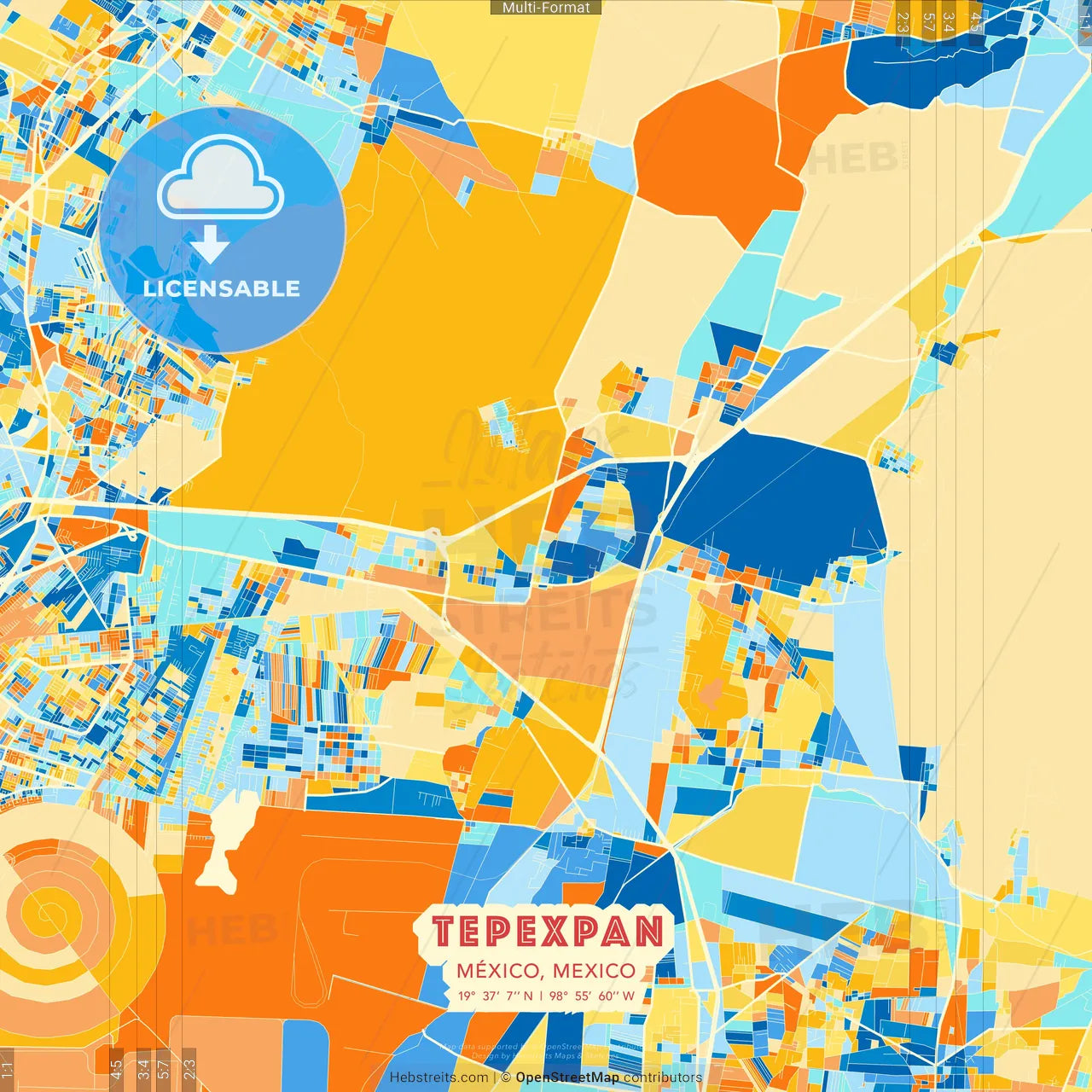 Tepexpan, México, Mexico blue and orange vector art map template