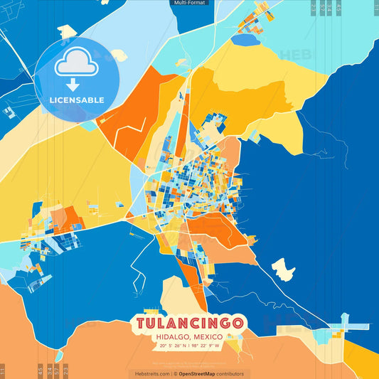 Tulancingo, Hidalgo, Mexico blue and orange vector art map template