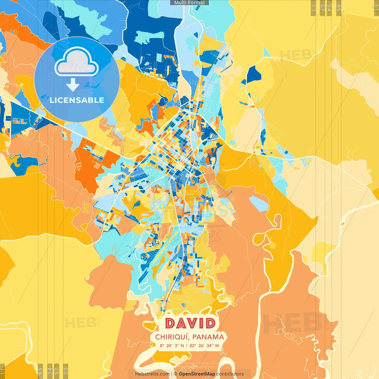 David, Chiriquí, Panama blue and orange vector art map template