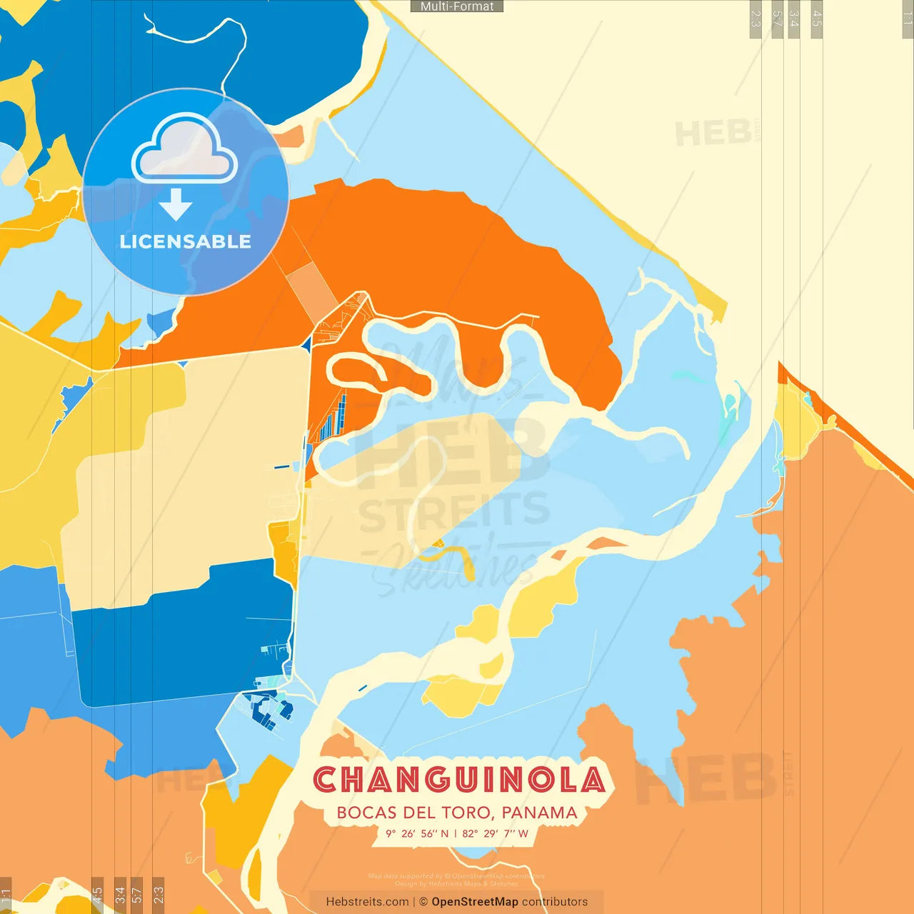 Changuinola, Bocas del Toro, Panama blue and orange vector art map template