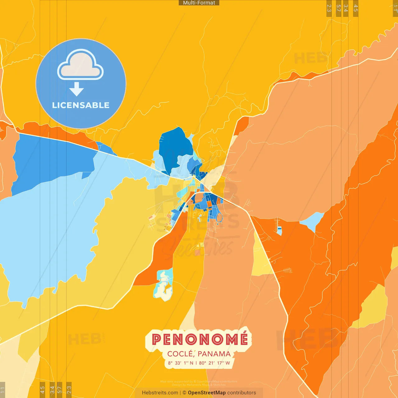 Penonomé, Coclé, Panama blue and orange vector art map template
