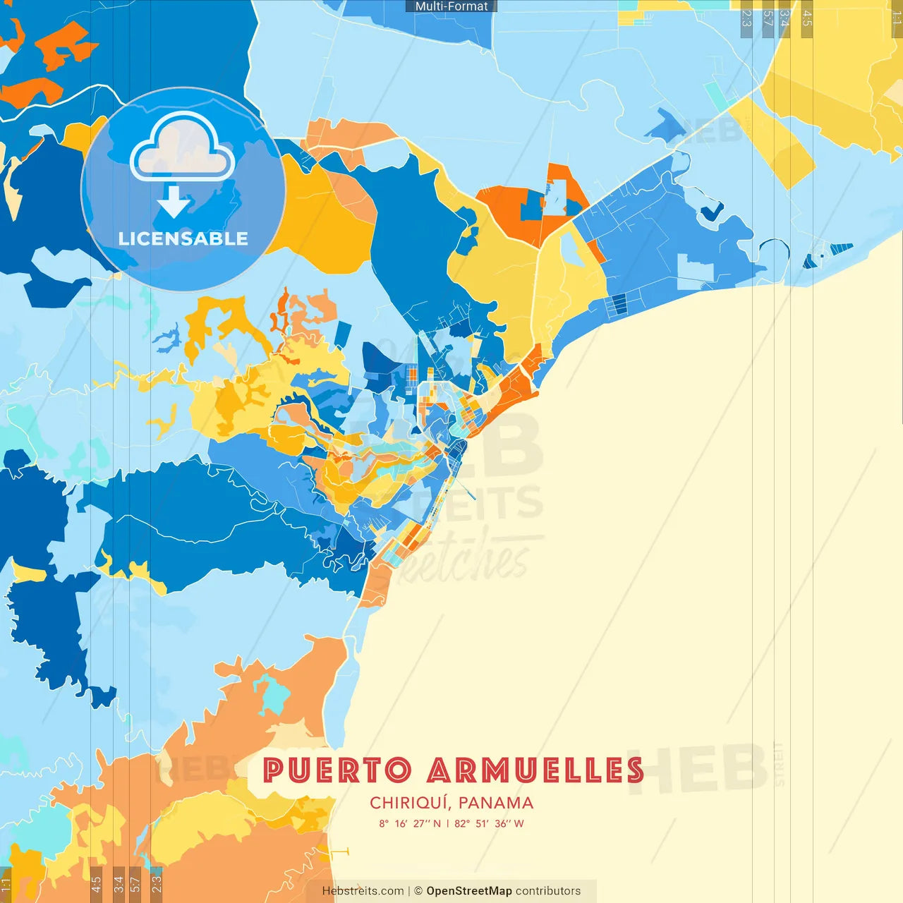 Puerto Armuelles, Chiriquí, Panama blue and orange vector art map template