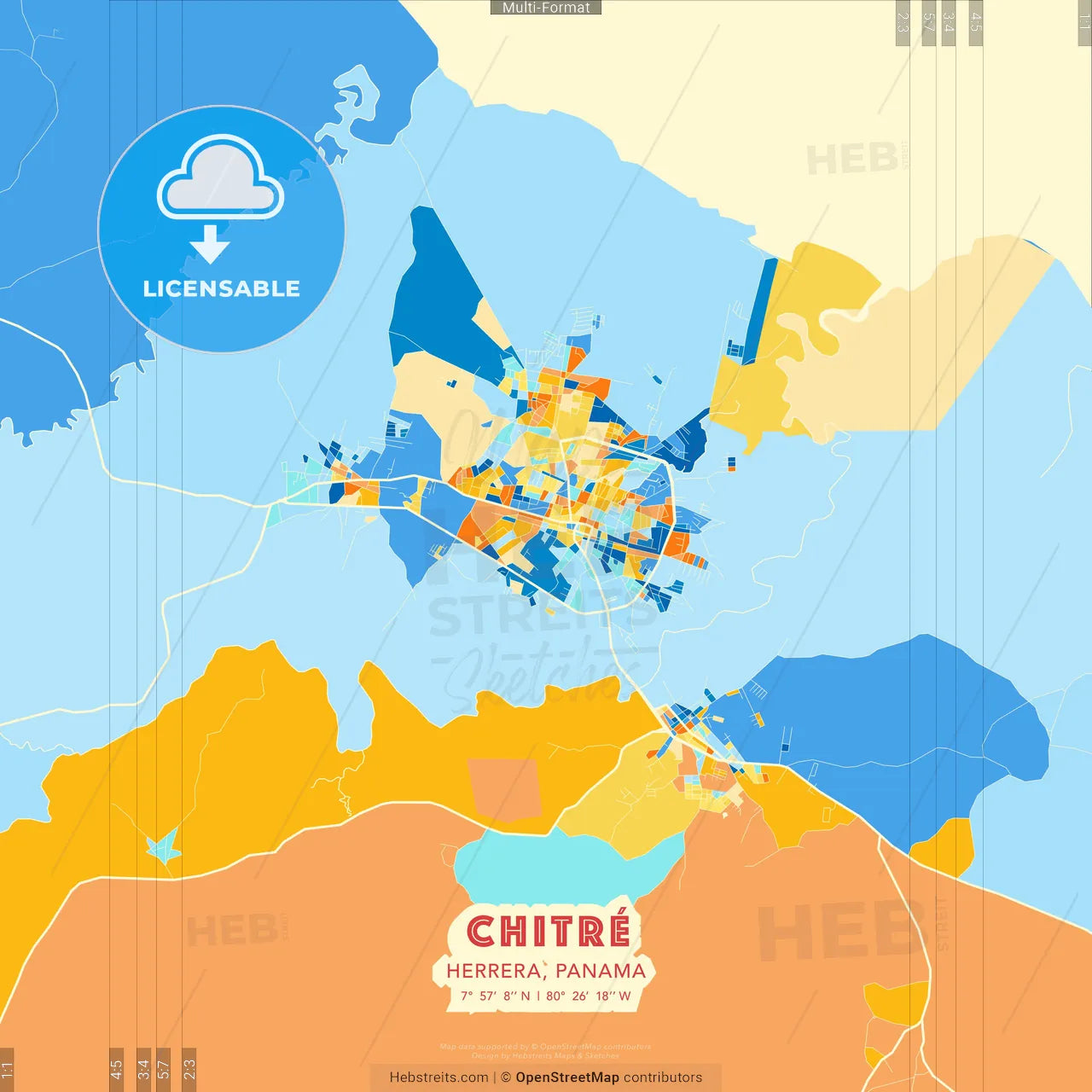Chitré, Herrera, Panama blue and orange vector art map template