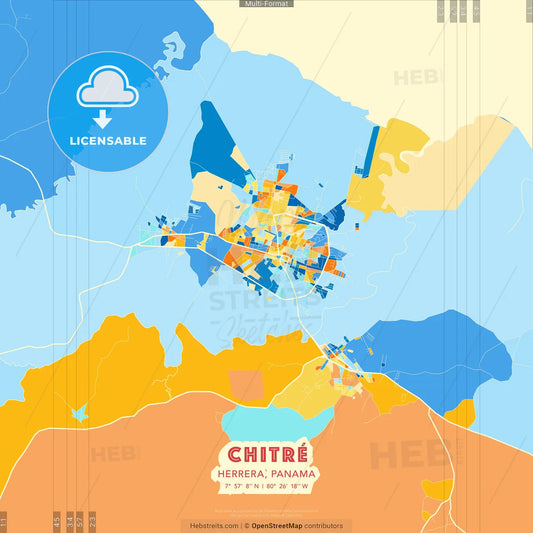 Chitré, Herrera, Panama blue and orange vector art map template