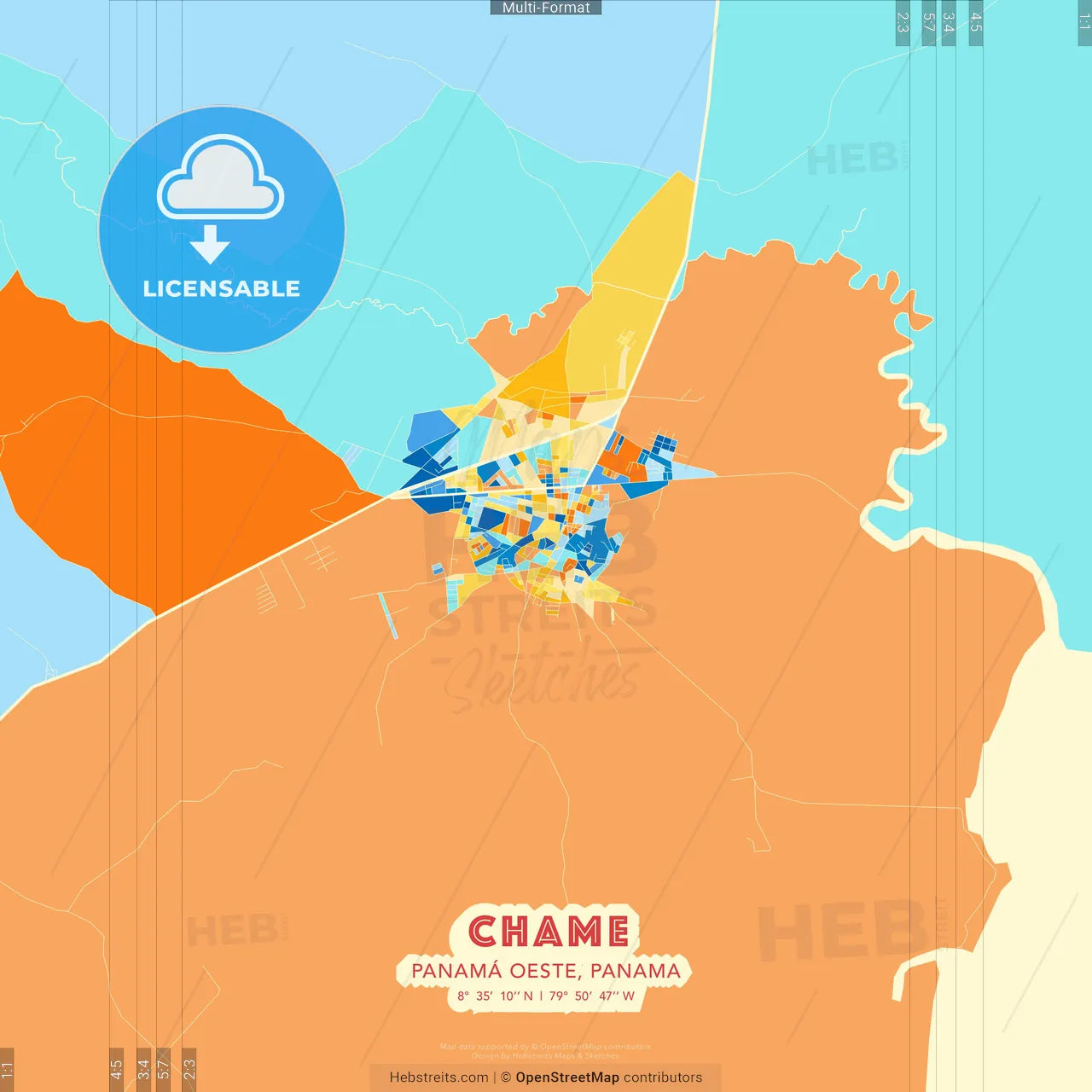 Chame, Panamá Oeste, Panama blue and orange vector art map template