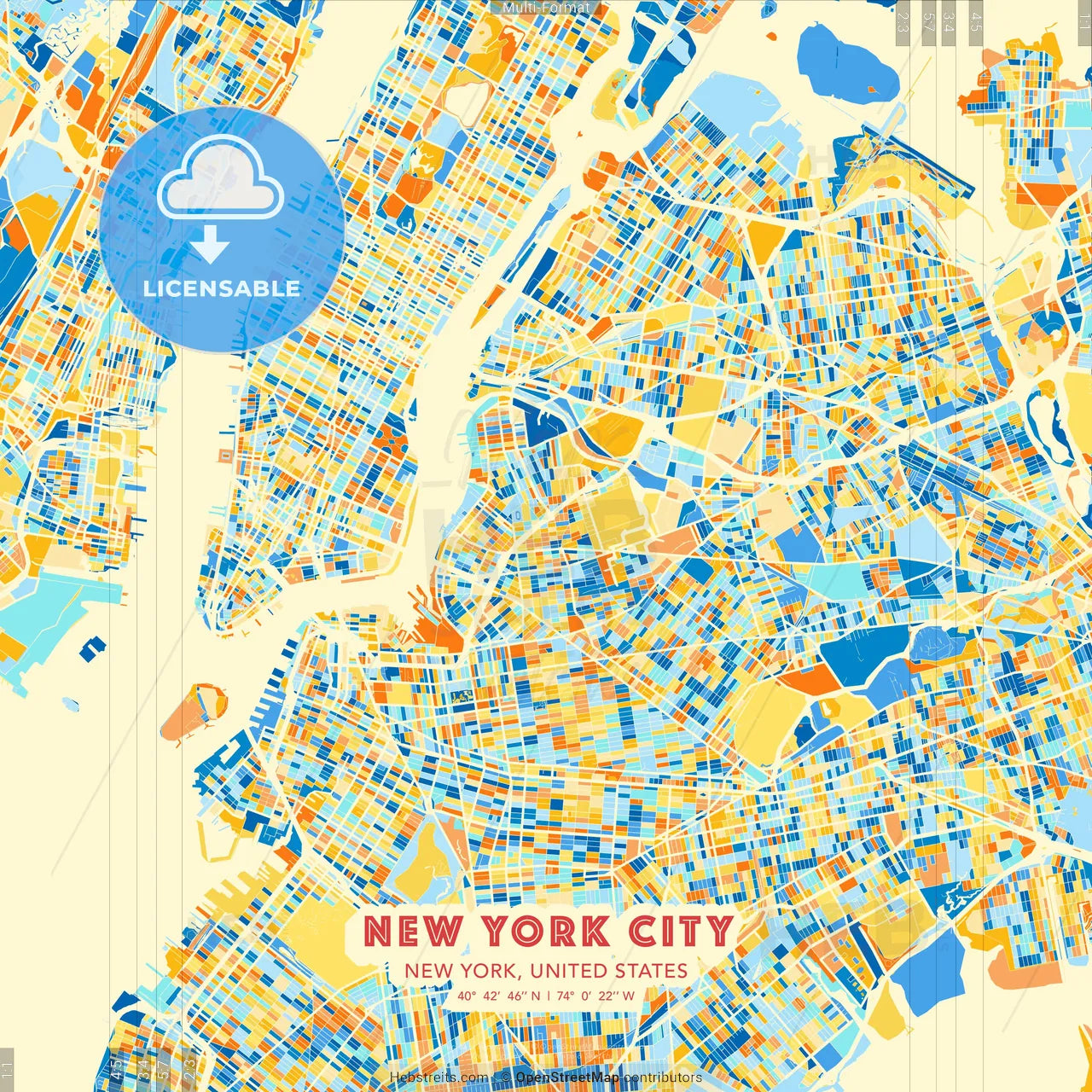 New York City, New York, United States blue and orange vector art map template