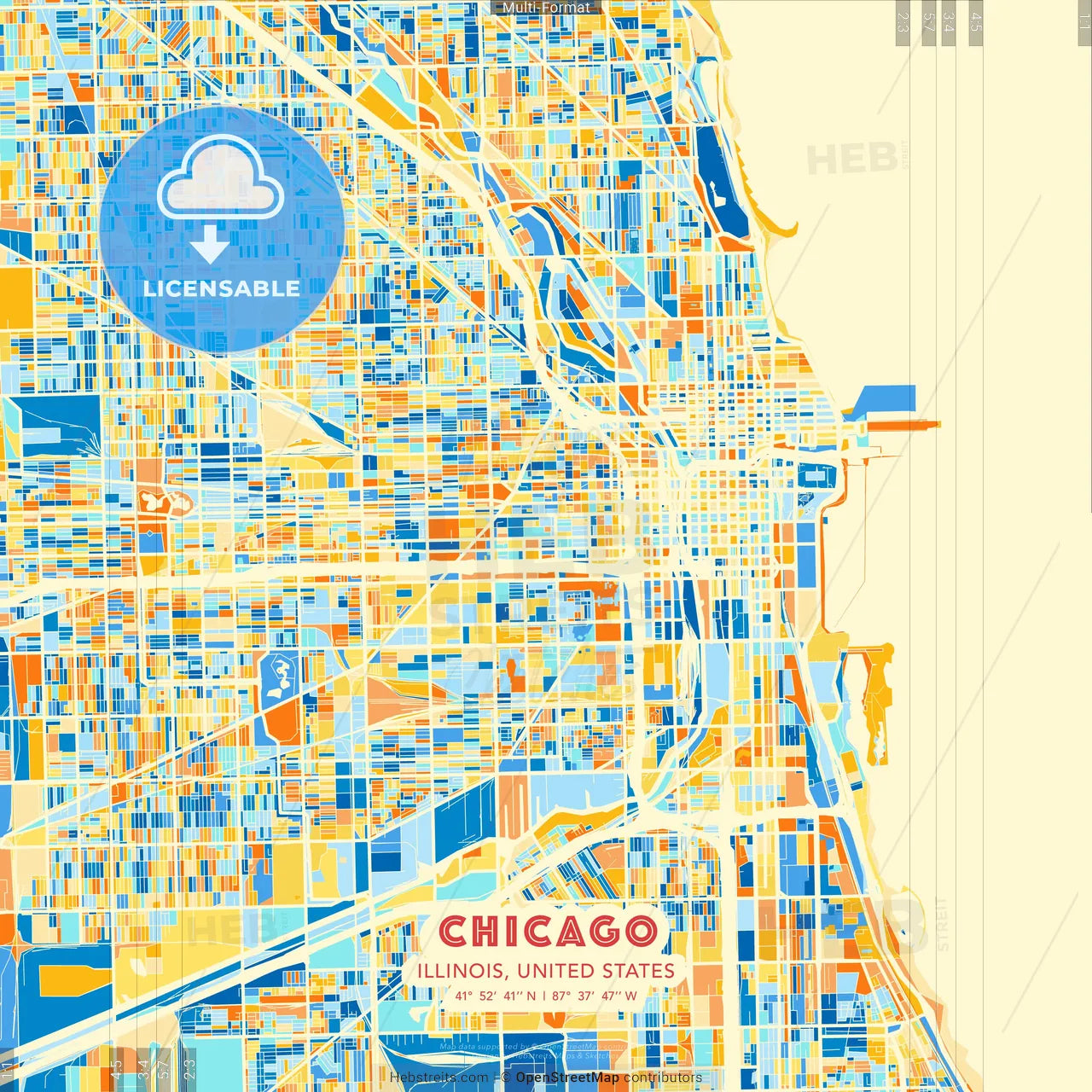 Chicago, Illinois, United States blue and orange vector art map template