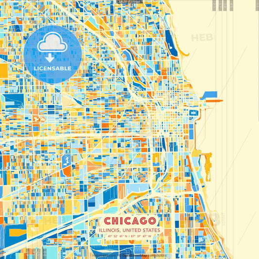 Chicago, Illinois, United States blue and orange vector art map template