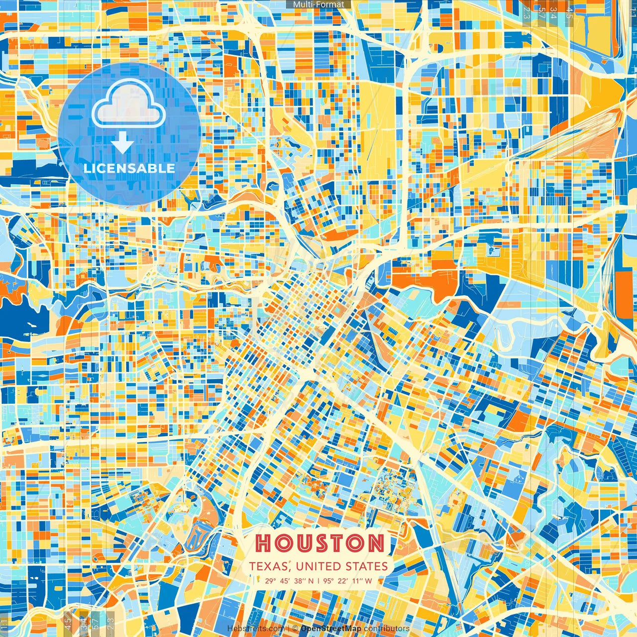 Houston, Texas, United States blue and orange vector art map template