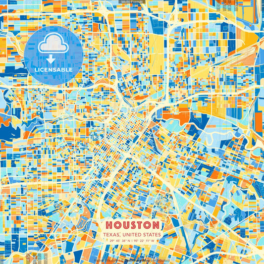 Houston, Texas, United States blue and orange vector art map template