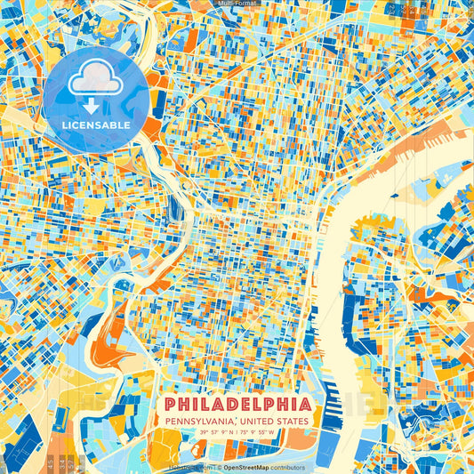 Philadelphia, Pennsylvania, United States blue and orange vector art map template