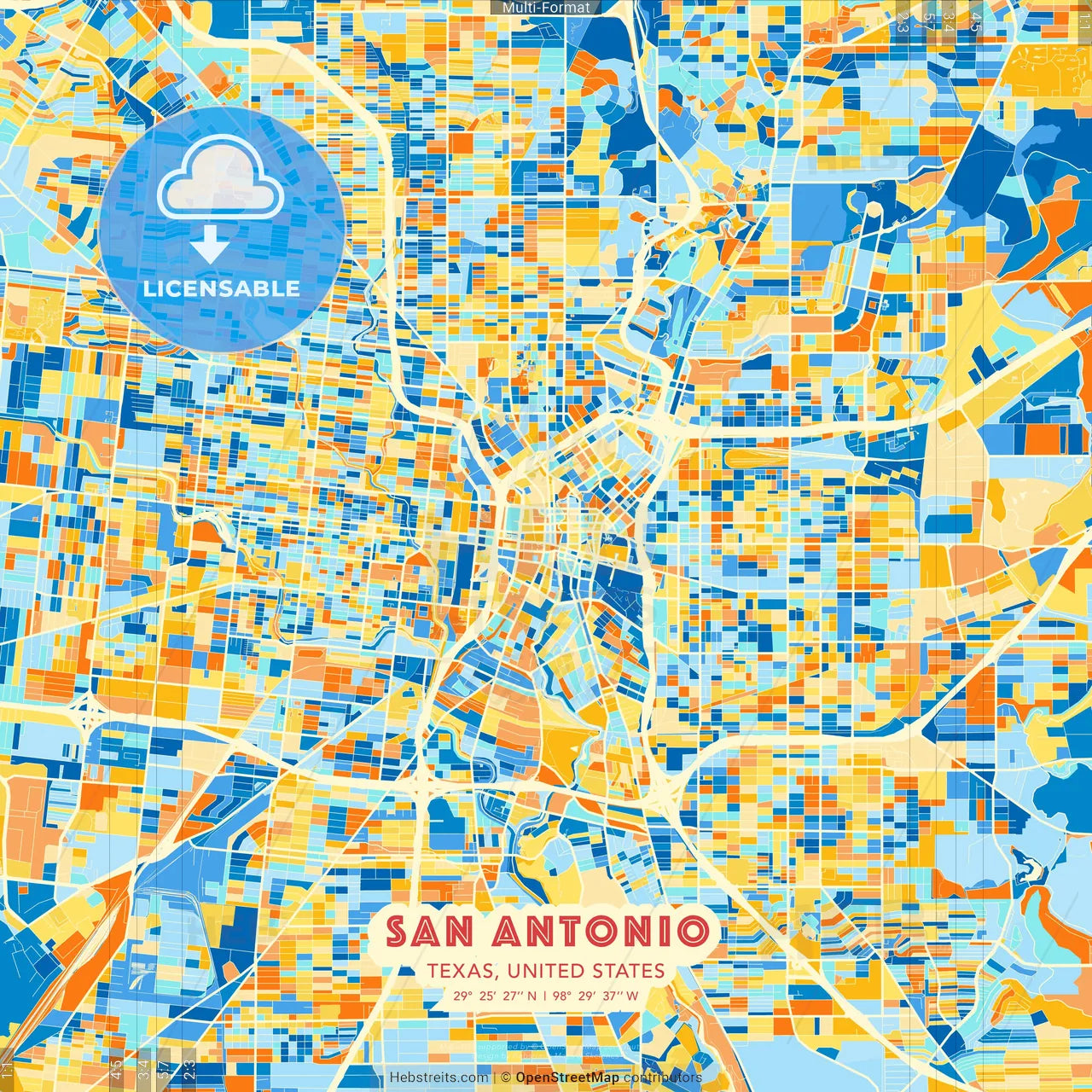 San Antonio, Texas, United States blue and orange vector art map template