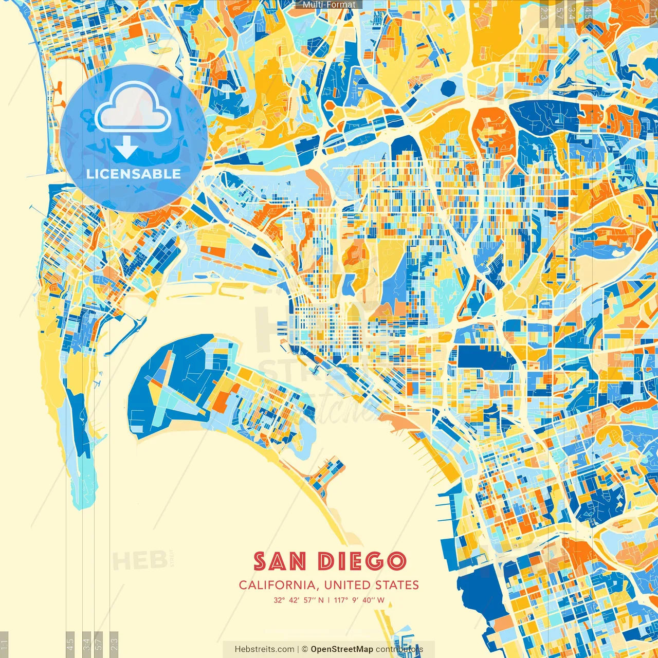 San Diego, California, United States blue and orange vector art map template