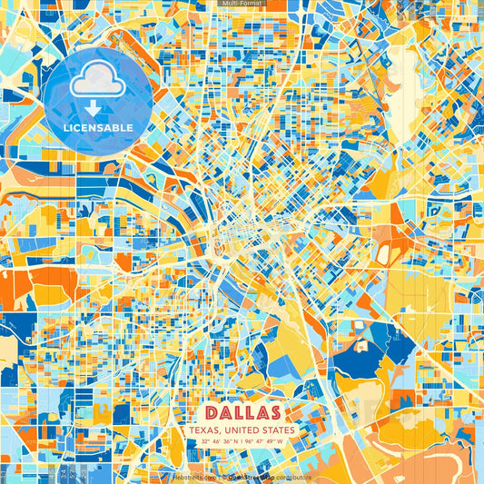 Dallas, Texas, United States blue and orange vector art map template