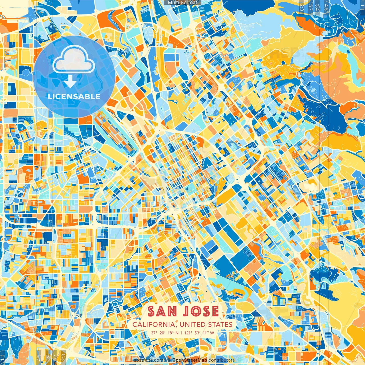 San Jose, California, United States blue and orange vector art map template