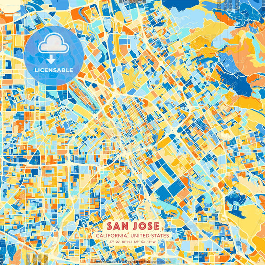 San Jose, California, United States blue and orange vector art map template